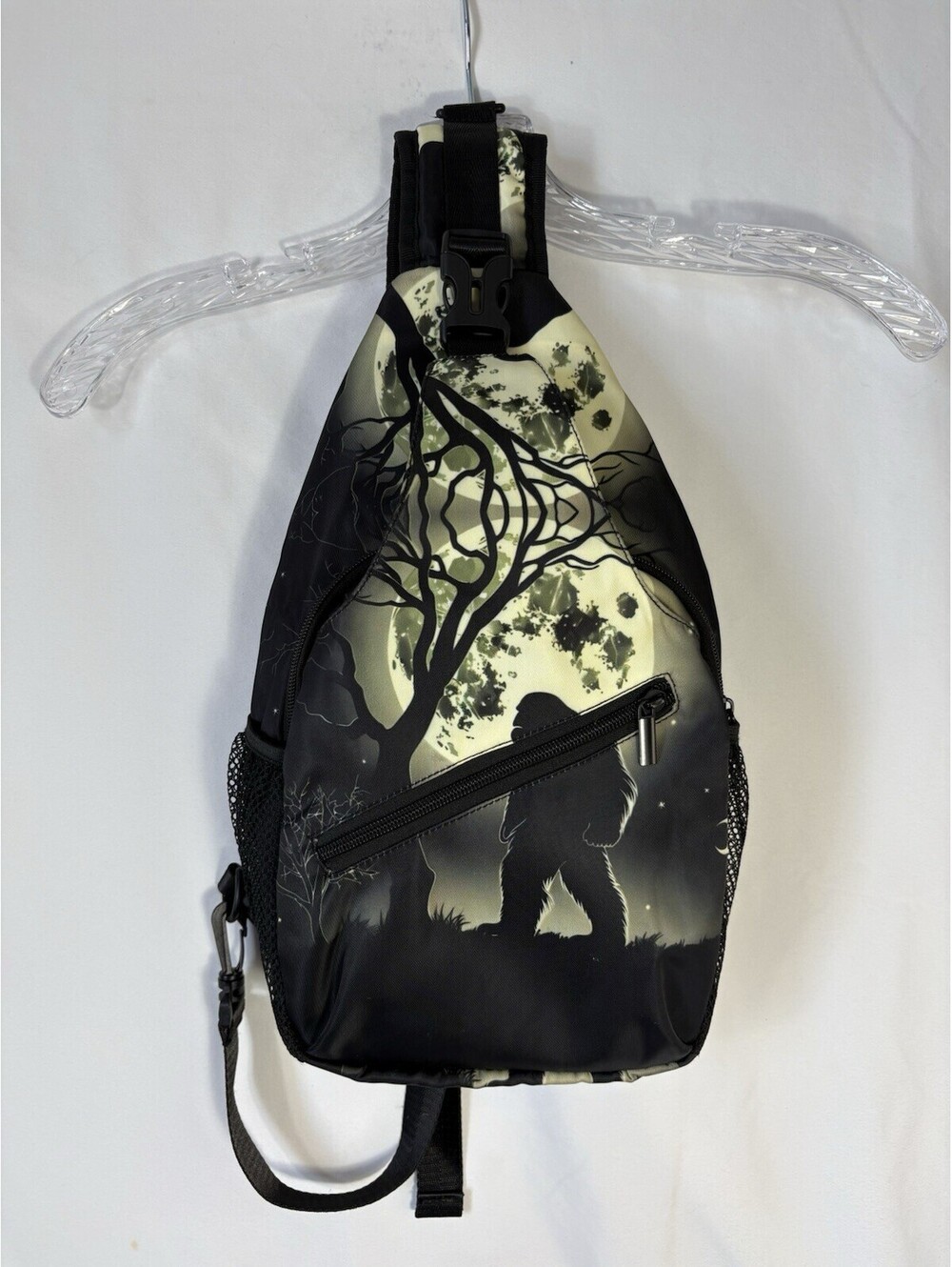 Bigfoot Sasquatch Sling Backpack Crossbody Bag Full Moon Forest Cryptid Black